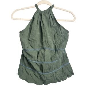 ASOS TopShop Women's Medium Sz 8 Green Tie Halter‎ Krinkle Top Cotton Flax NEW